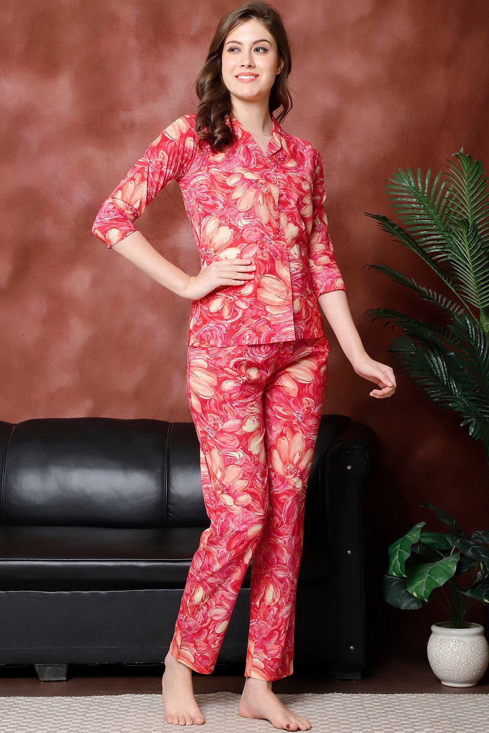 Red Floral Printed Pure Cotton Night Suit for Women by Claura