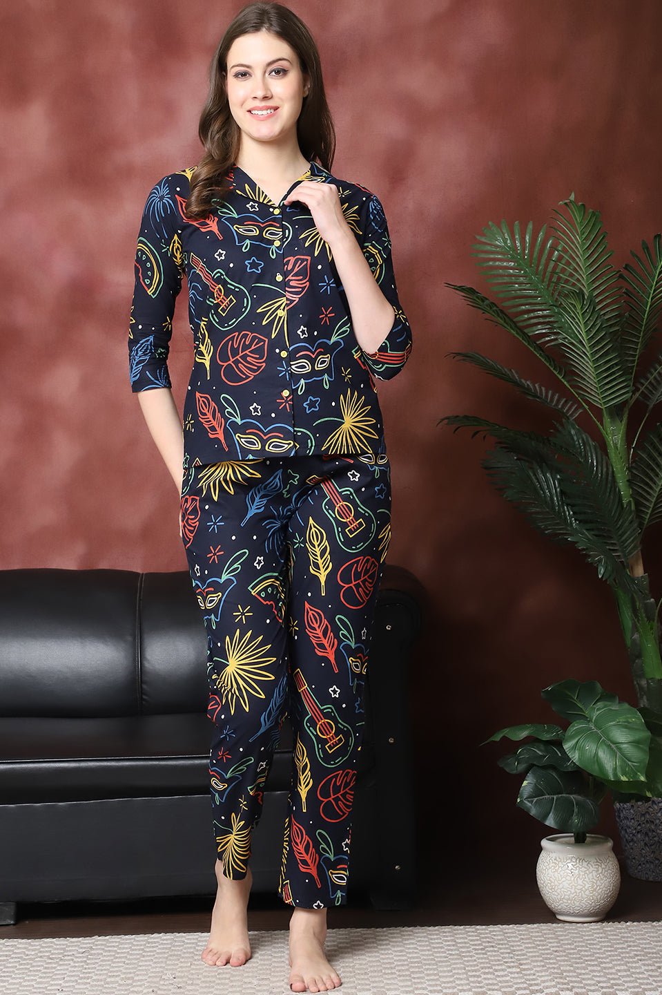 Woman wearing Blue Floral Printed Night Suit
