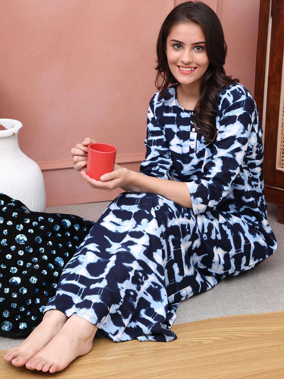 Blue Color Abstract Printed Viscose Rayon Maxi Nightdress