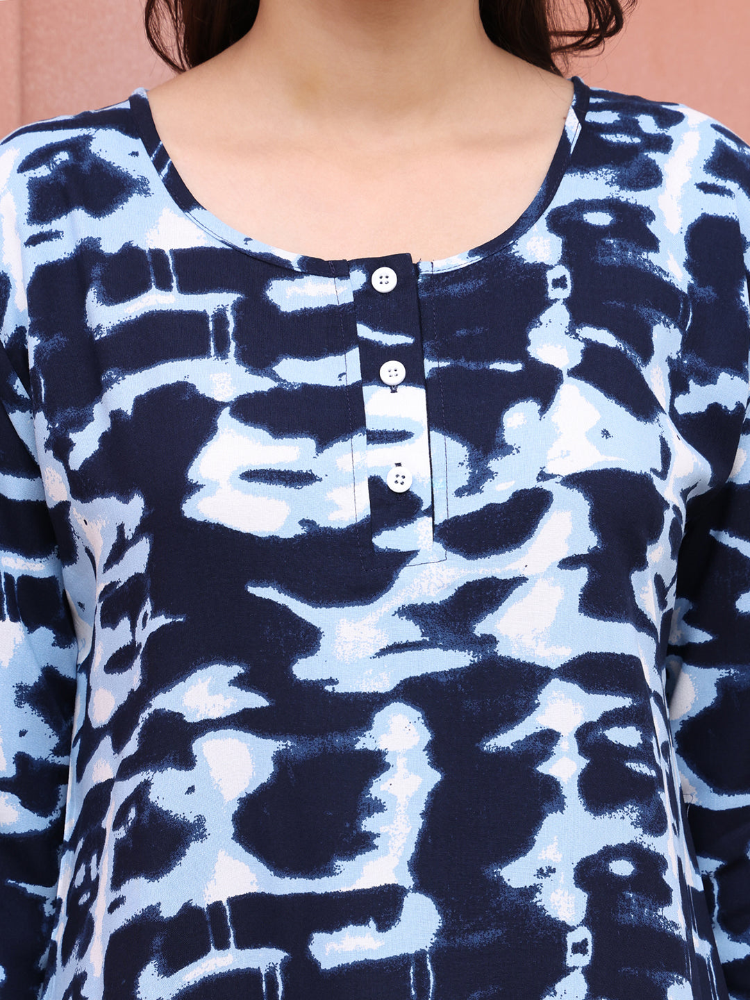 Blue Color Abstract Printed Viscose Rayon Maxi Nightdress