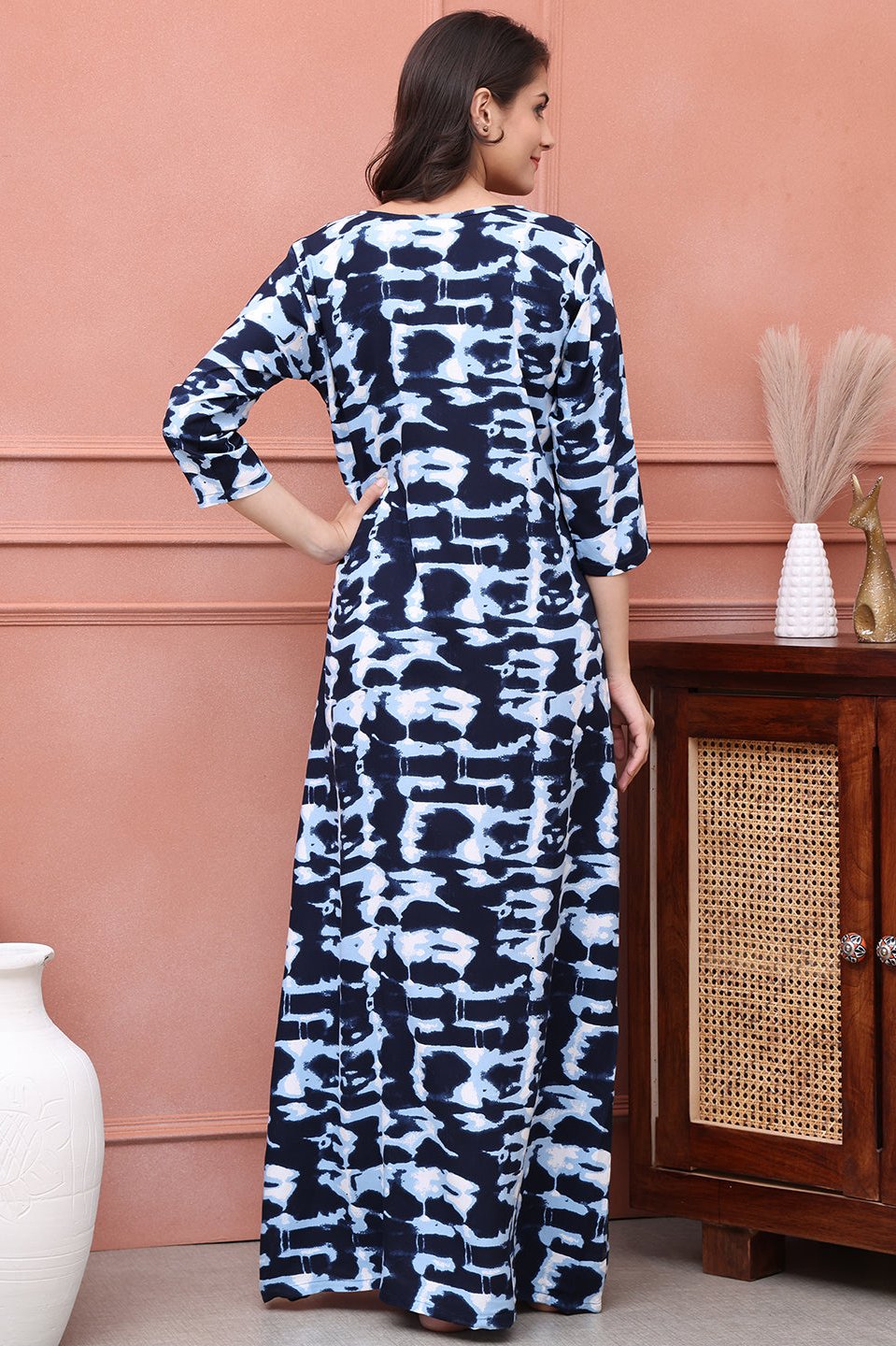 Blue Color Abstract Printed Viscose Rayon Maxi Nightdress