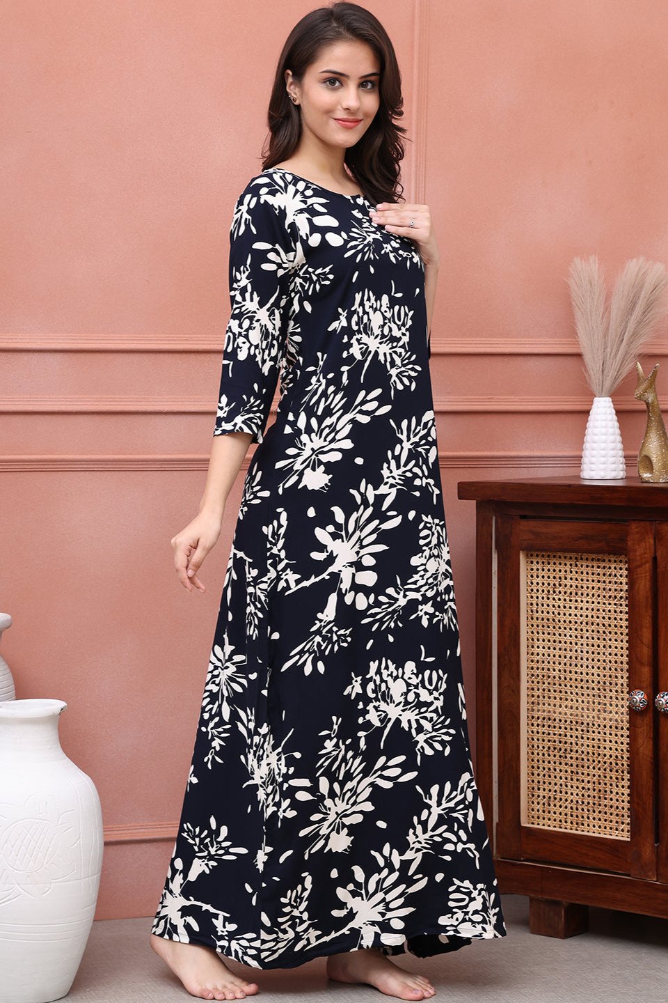 Navy Color Floral Printed Viscose Rayon Maxi Nightdress