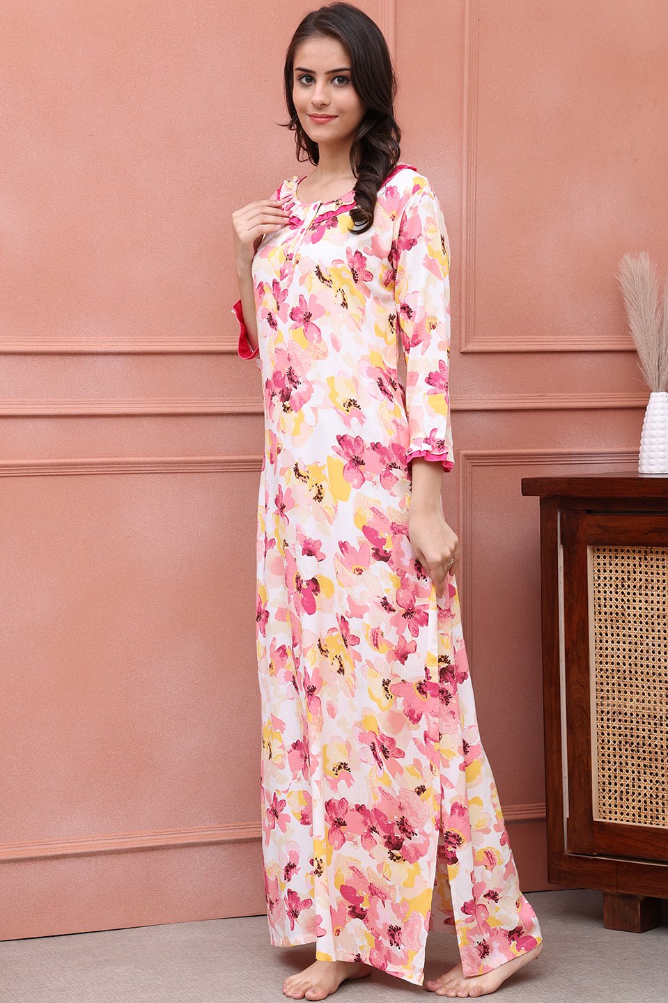 Pink Color Floral Printed Viscose Rayon Maxi Nightdress