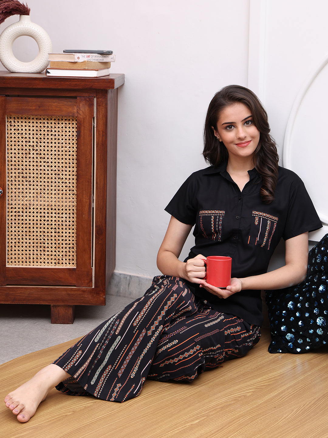 Black Abstract Printed Viscose Rayon Night Suit for Women by Claura