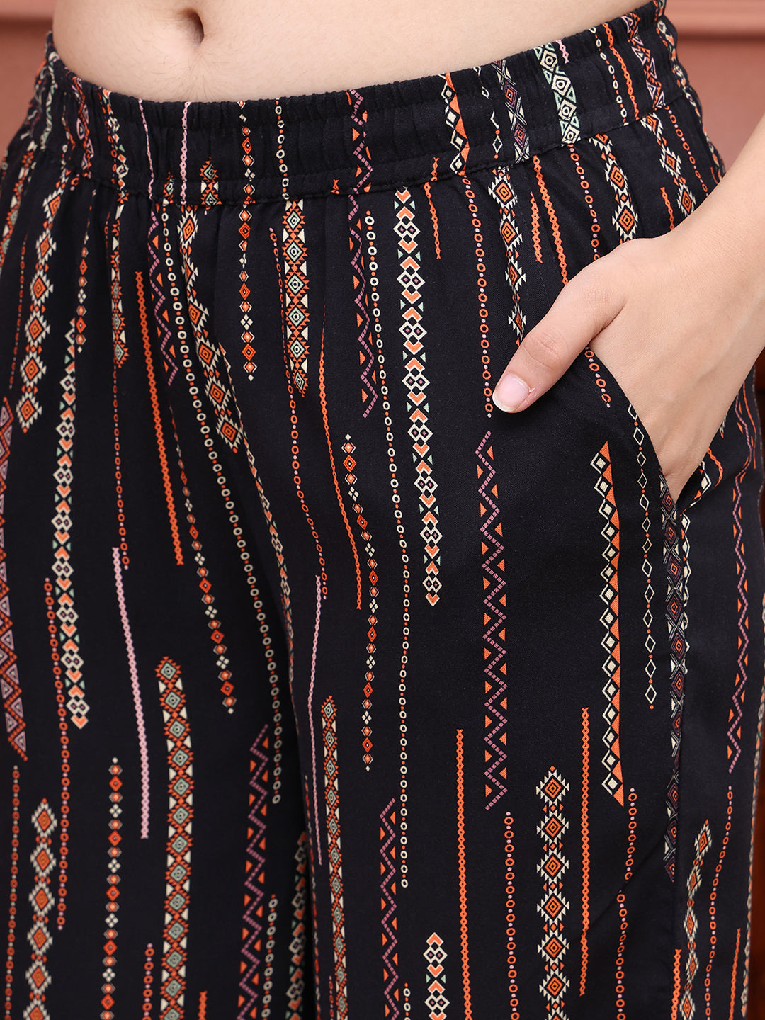 Black Abstract Printed Viscose Rayon Night Suit for Women by Claura