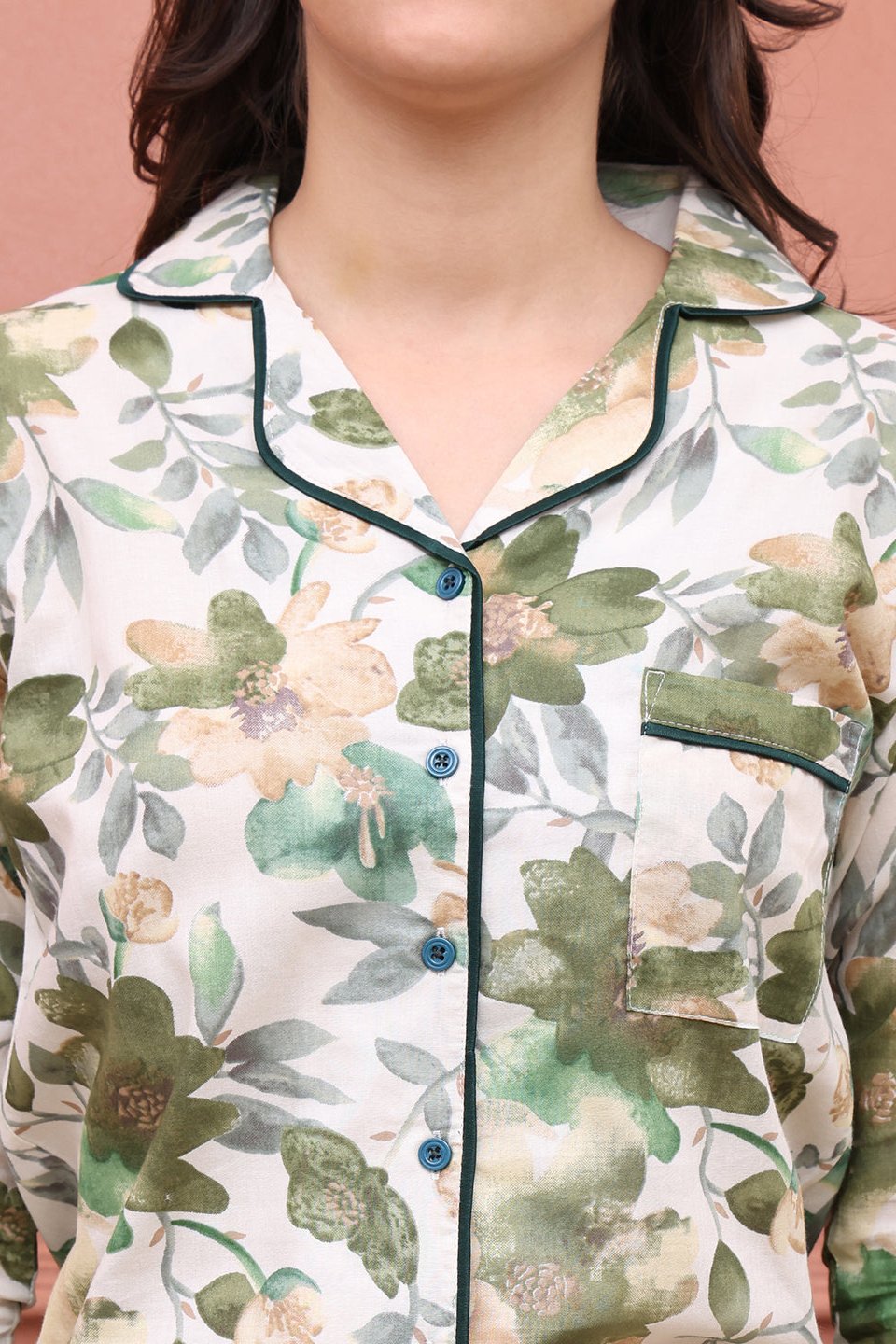 Green Floral Printed Viscose Rayon Night Suit for Women by Claura