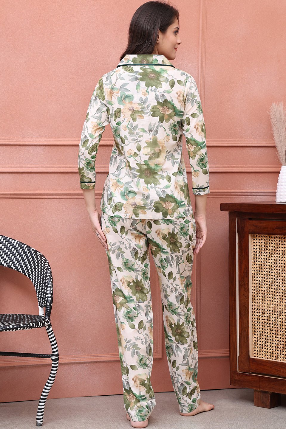 Green Floral Printed Viscose Rayon Night Suit for Women by Claura