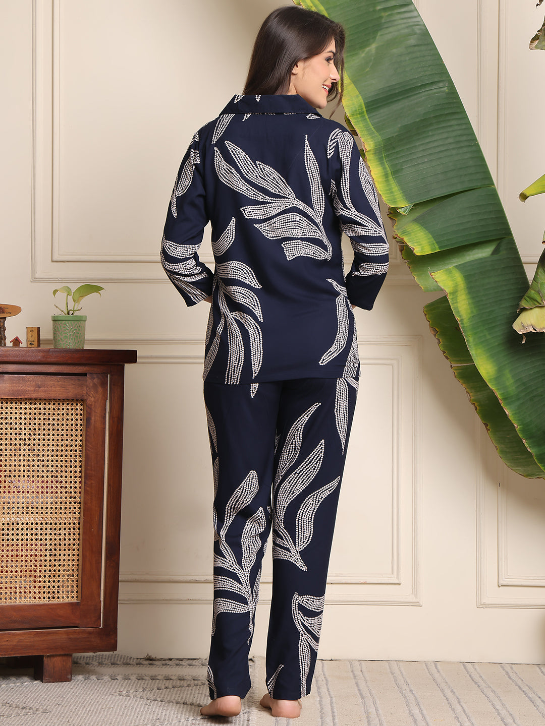 Navy Blue Floral Printed Viscose Rayon Night Suit for Women by Claura