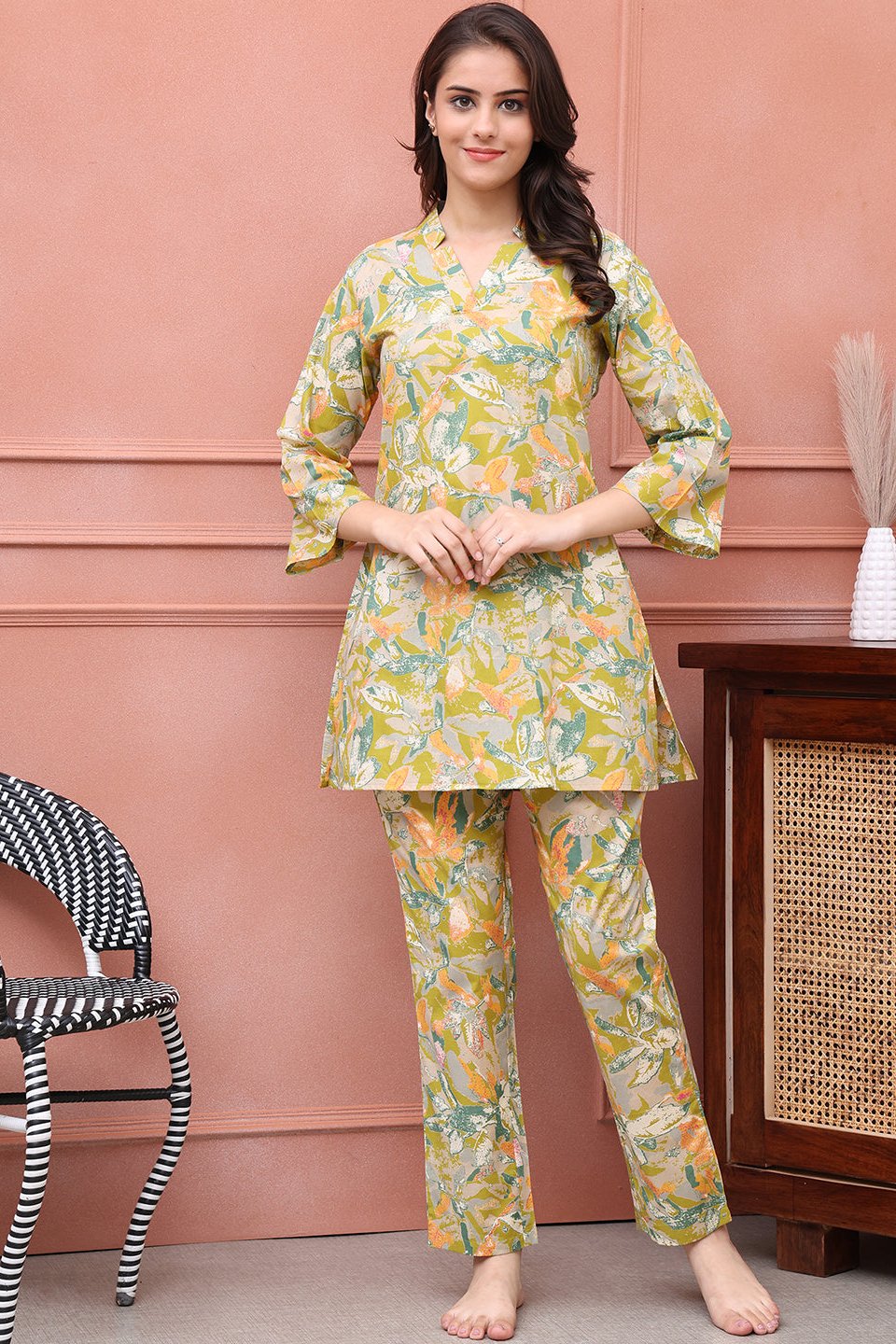 Close-up of pure cotton fabric on Green Night Suit