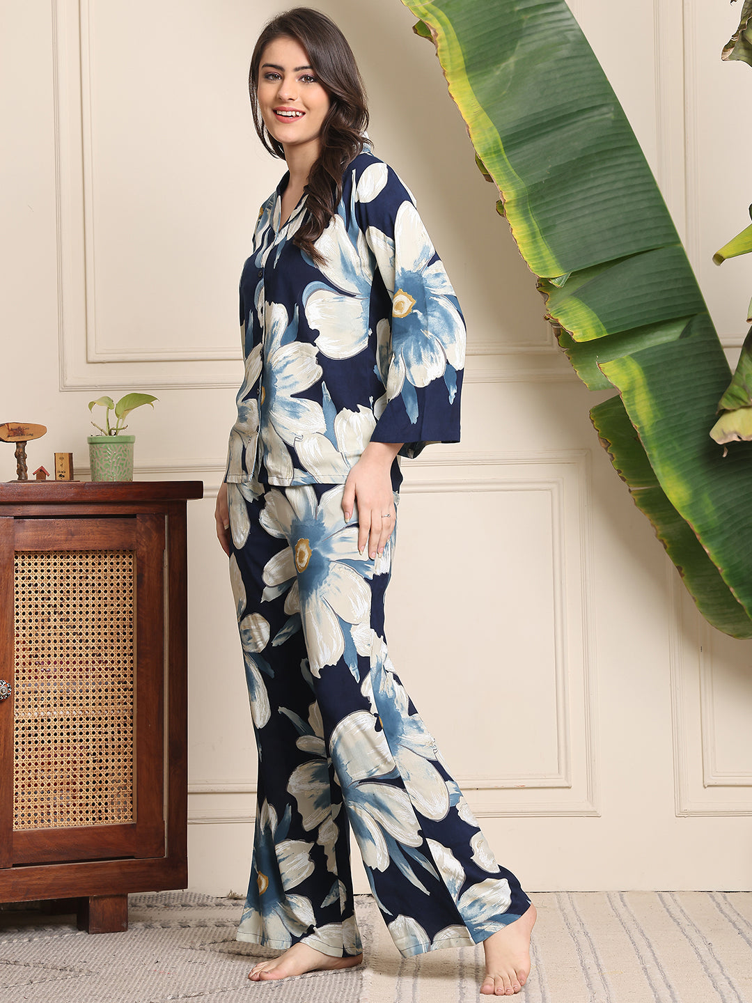 Blue Floral Printed Viscose Rayon Night Suit for Women by Claura