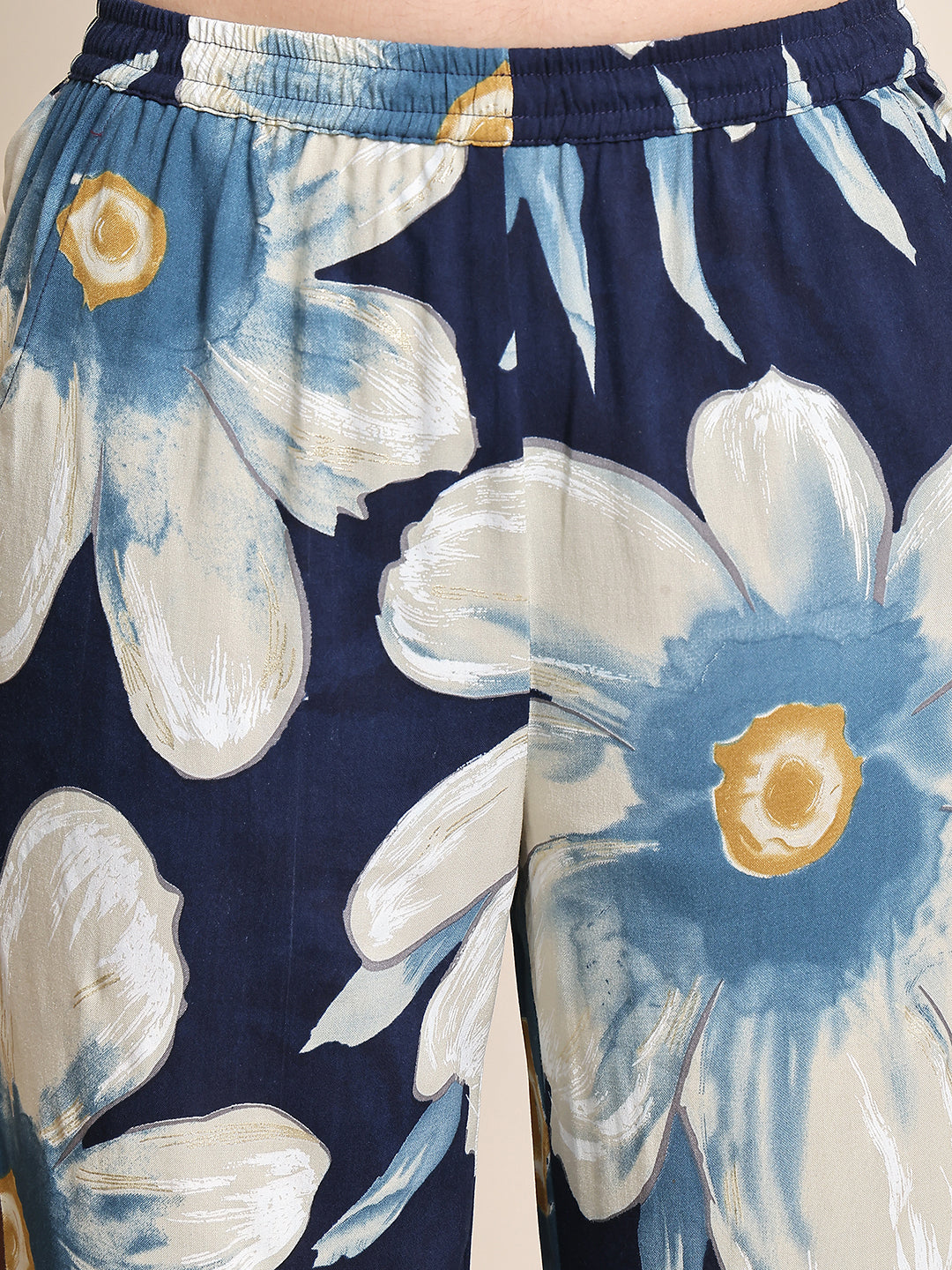 Blue Floral Printed Viscose Rayon Night Suit for Women by Claura