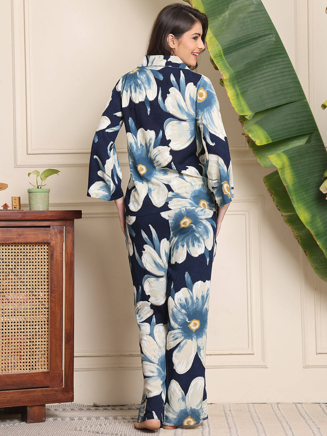 Blue Floral Printed Viscose Rayon Night Suit for Women by Claura
