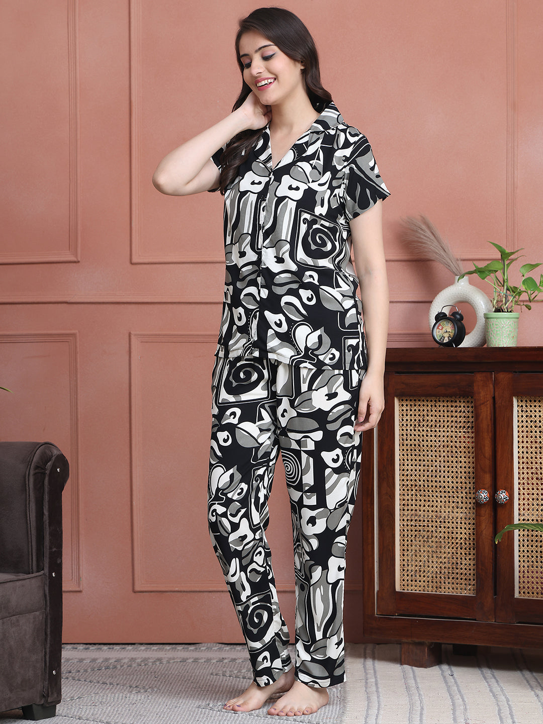 Black Colour Abstract Printed Viscose Rayon Night Suit