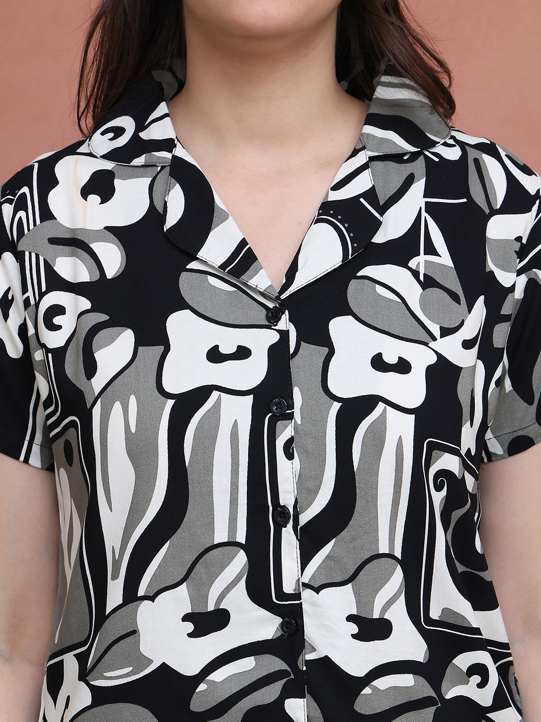 Black Colour Abstract Printed Viscose Rayon Night Suit