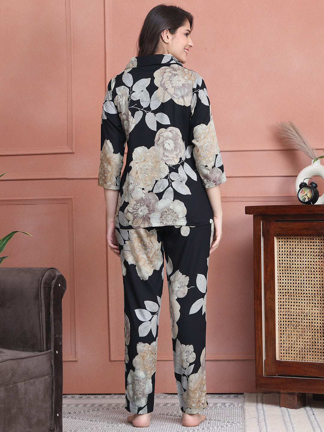 Black Colour Floral Printed Viscose Rayon Night Suit