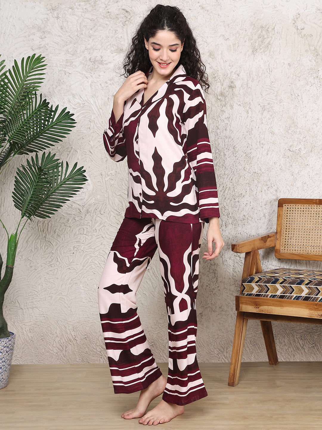 Lifestyle shot of abstract print night suit for women
