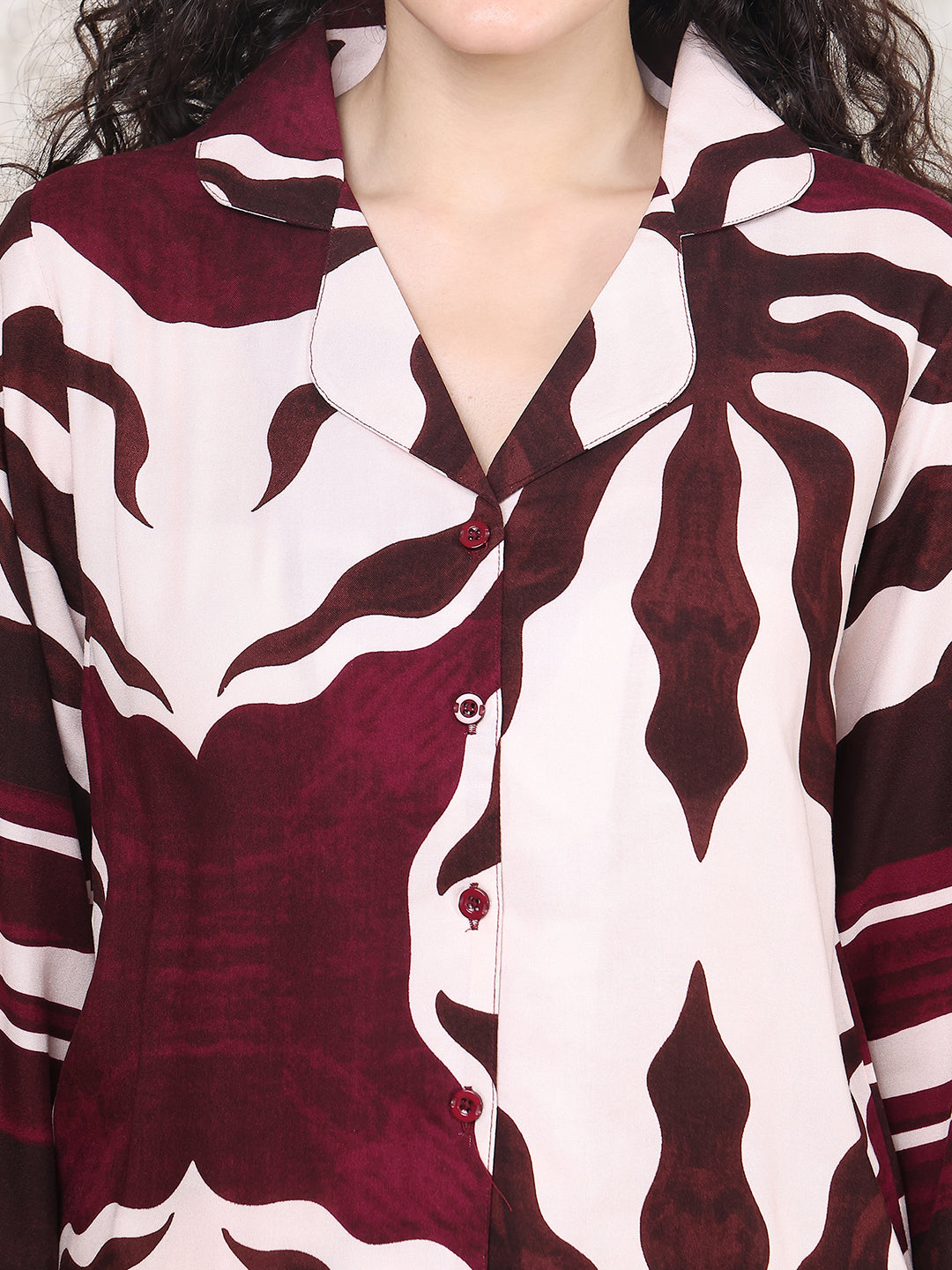 Wine viscose rayon night suit with full sleeves and pyjamas