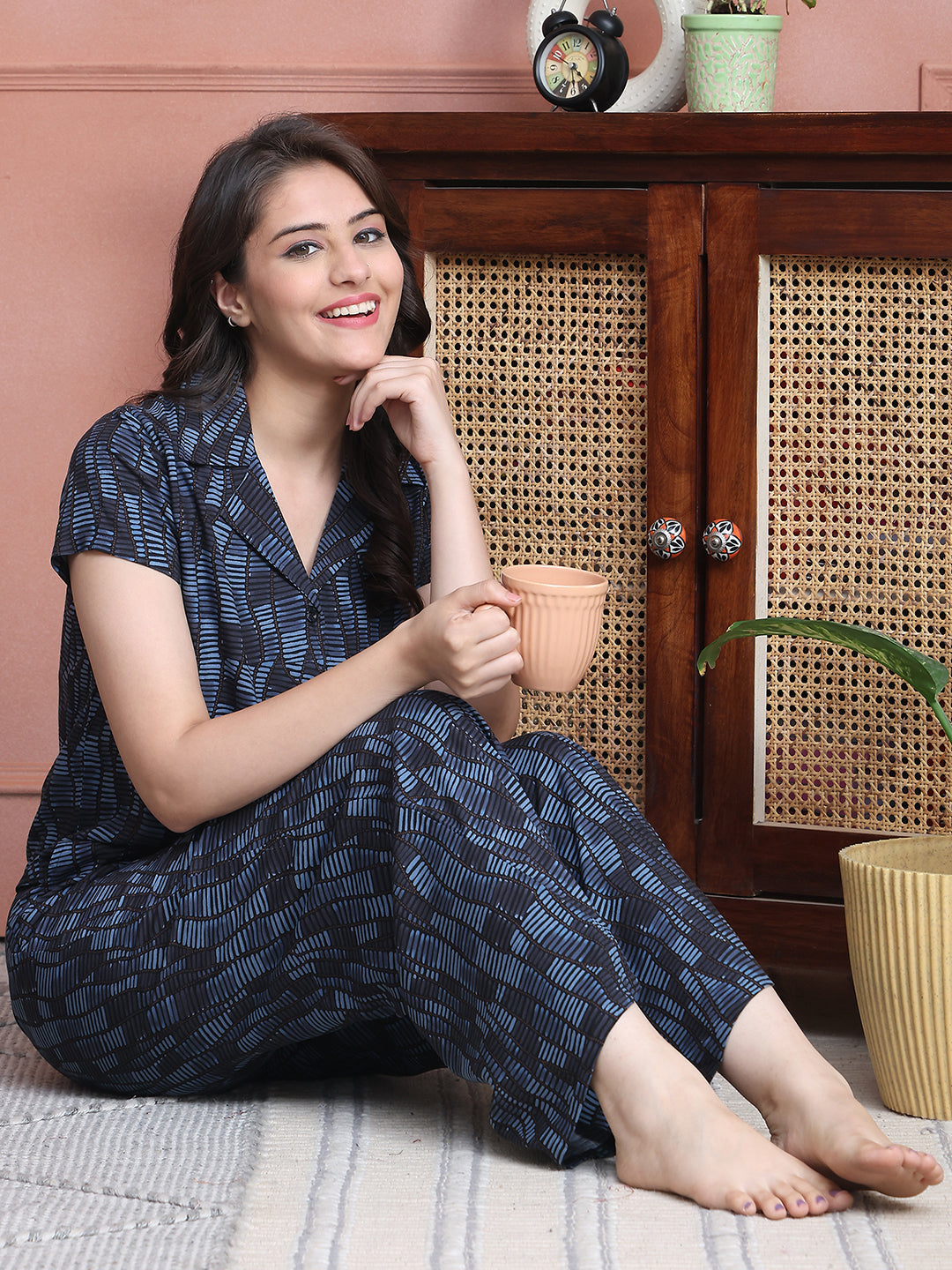 Blue Colour Striped Printed Viscose Rayon Night Suit