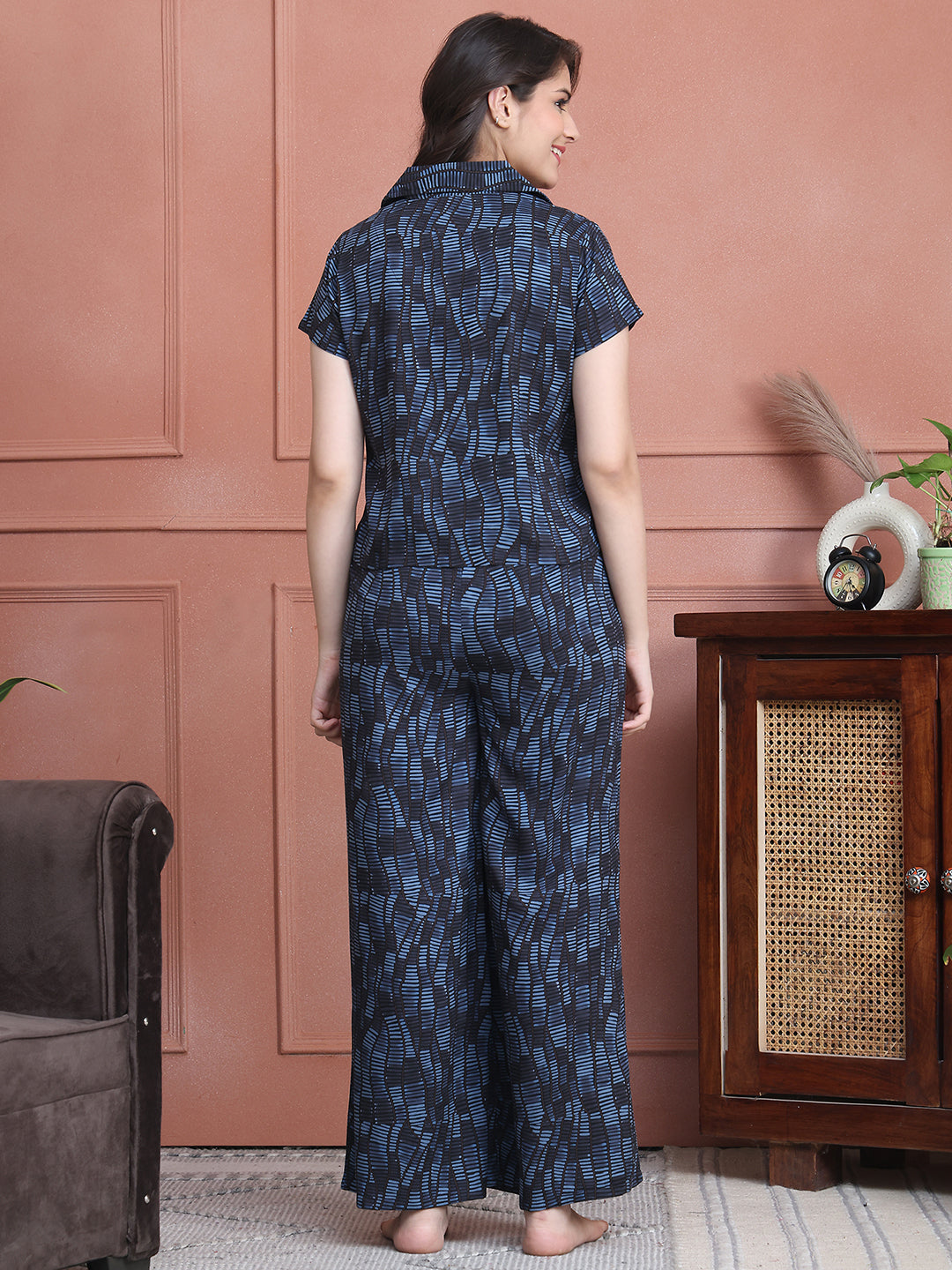 Blue Colour Striped Printed Viscose Rayon Night Suit
