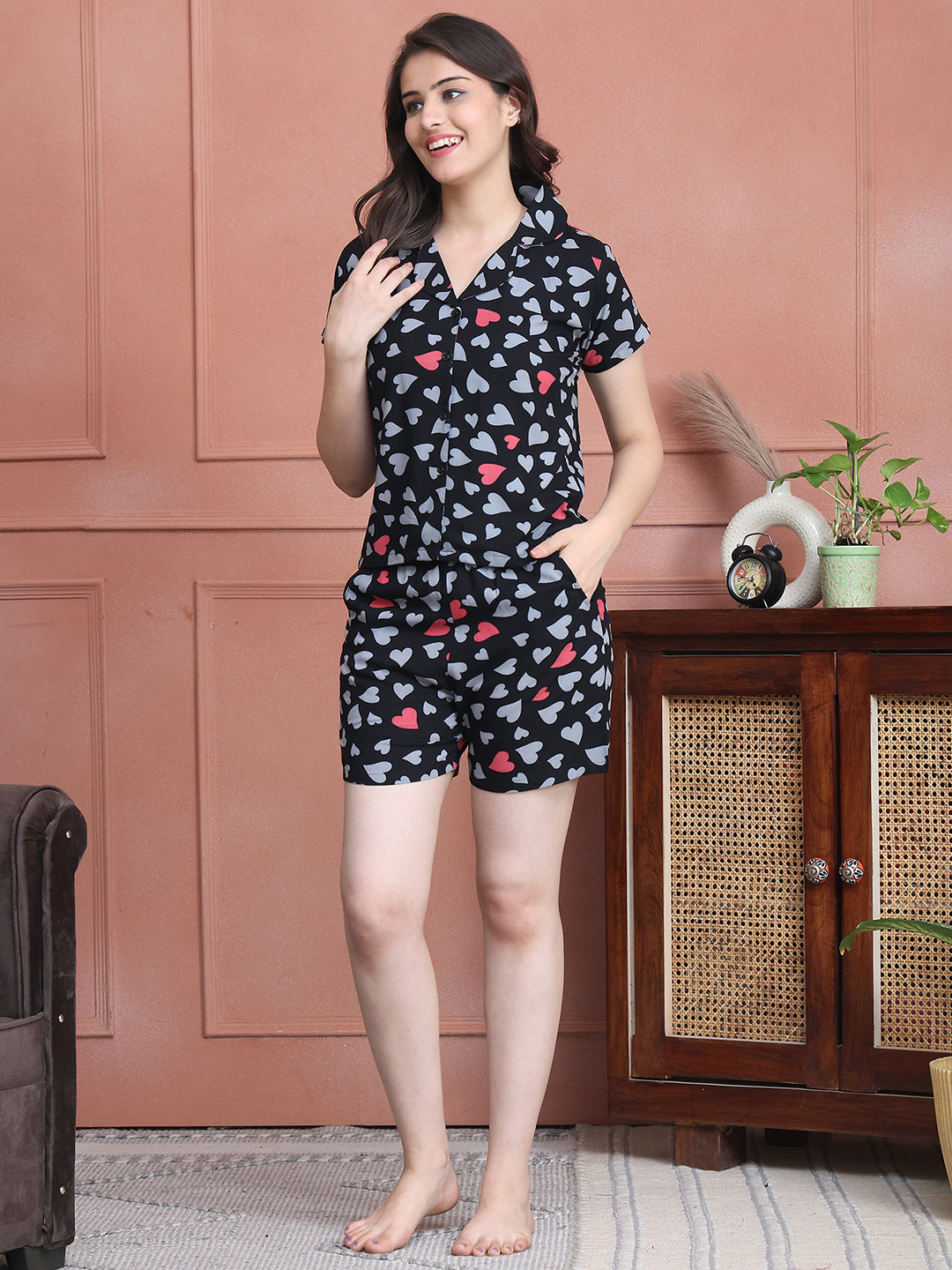 Black viscose rayon night suit with matching top and bottoms