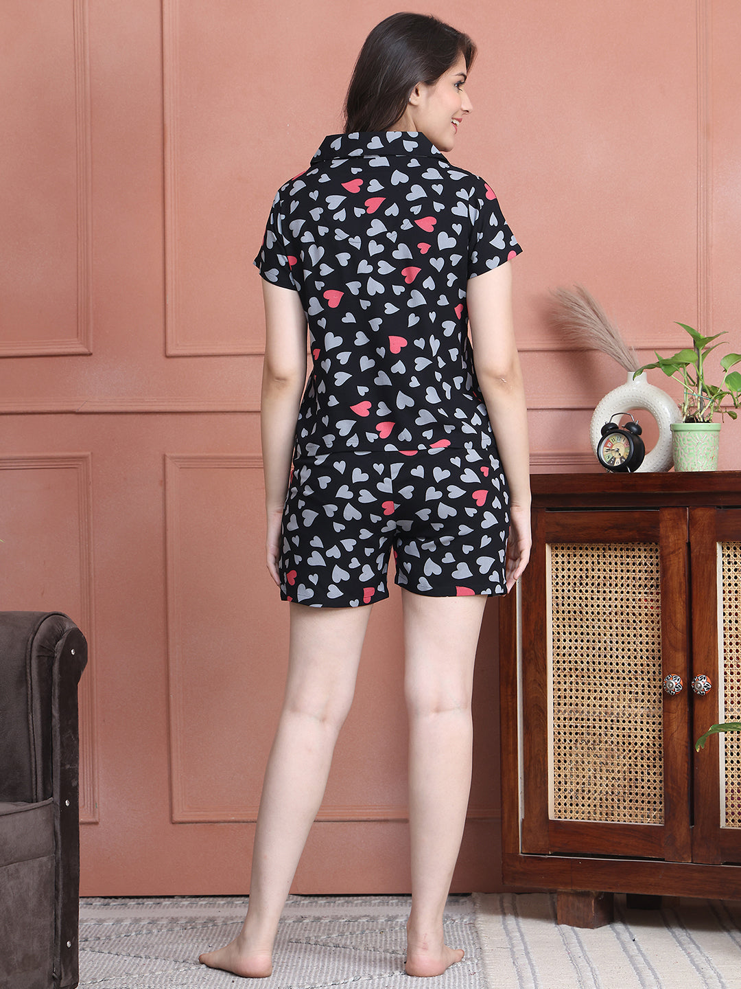 Lifestyle shot of abstract print night suit for women