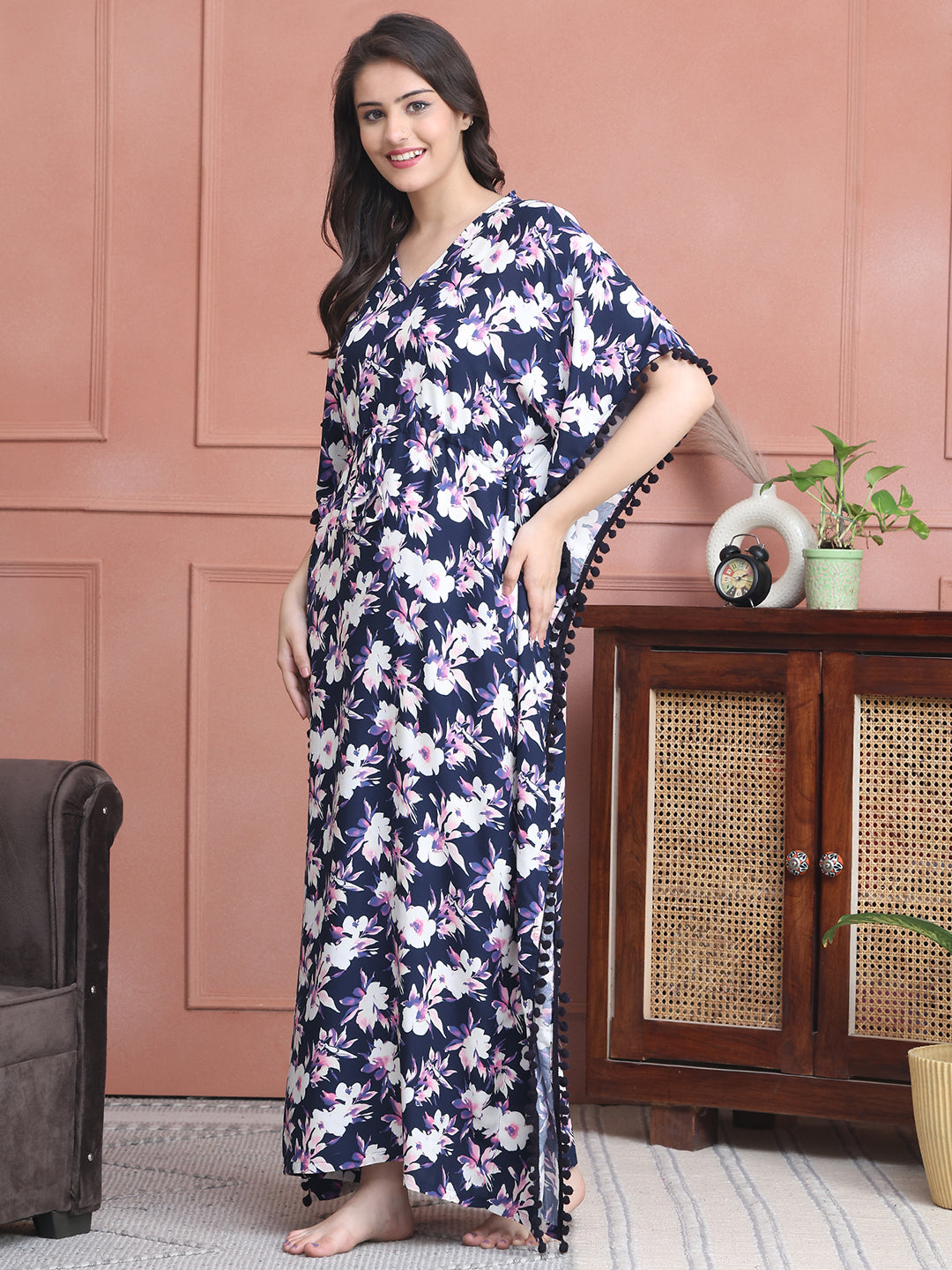 Navy Blue Colour Abstract Printed Viscose Rayon Kaftan For Women