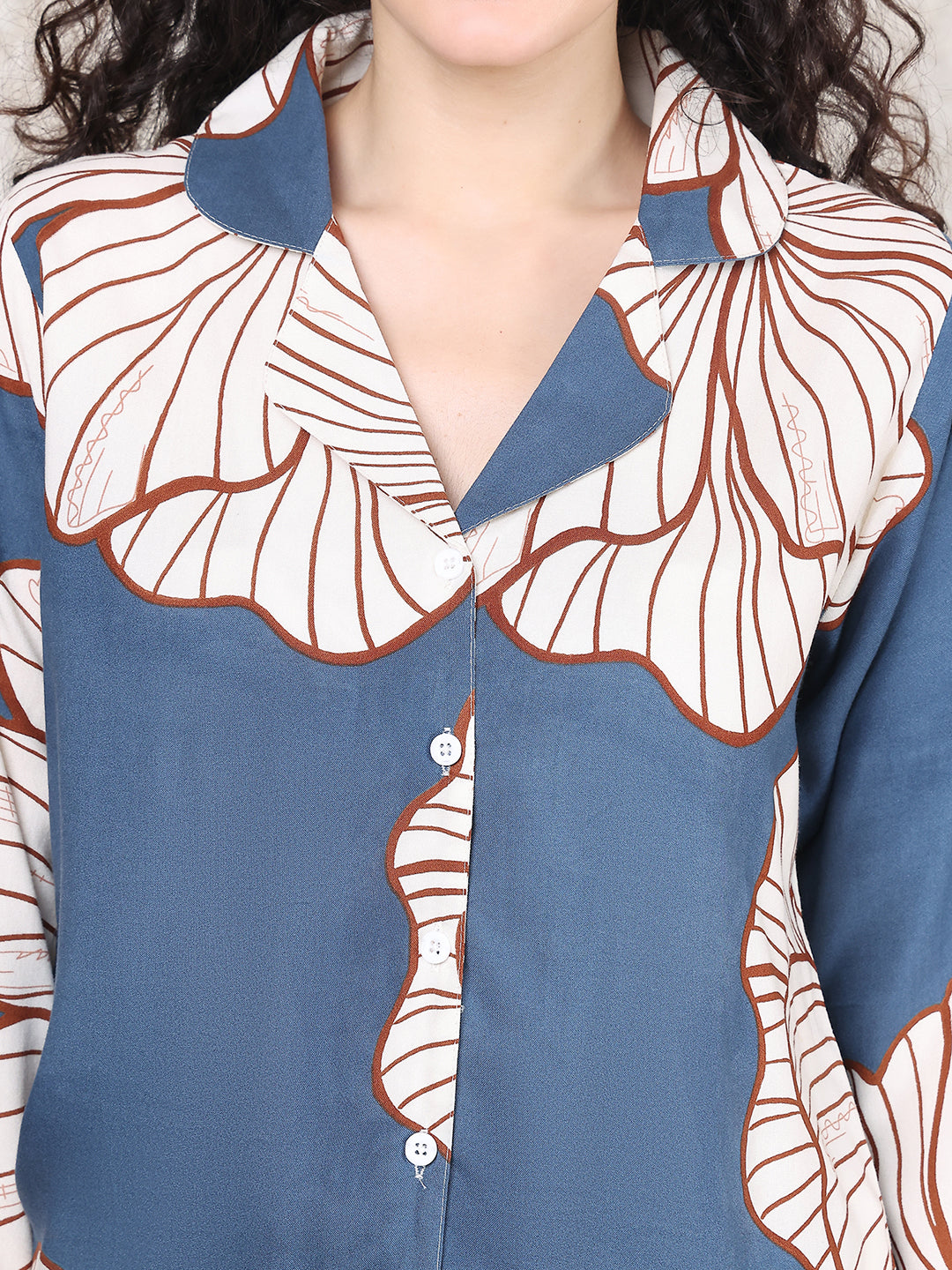 Close-up of the rayon fabric on the blue printed night suit