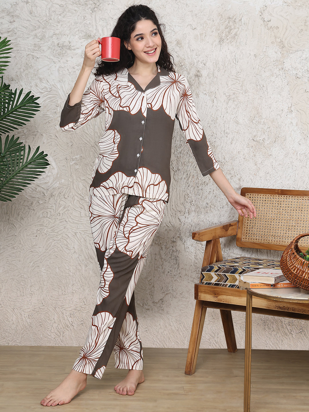 Brown viscose rayon night suit with full sleeves and matching pants