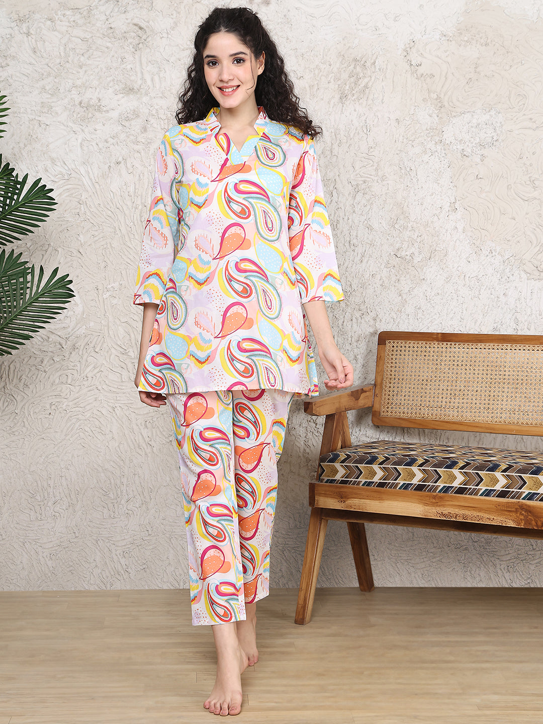 Multi-colour cotton night suit with full sleeves and matching pants