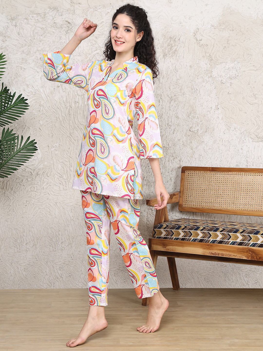 Multi Colour Cotton Abstract Printed Night Suit for Women | Claura