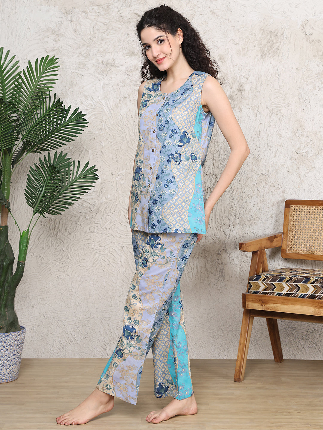 Blue cotton night suit with full sleeves and matching pants