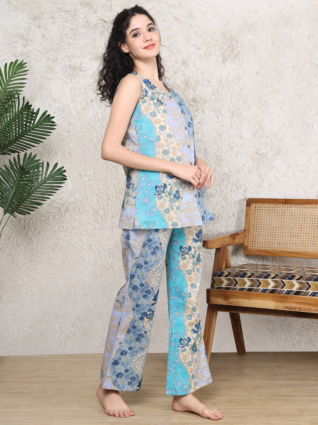 Lifestyle shot of the floral print night suit for women