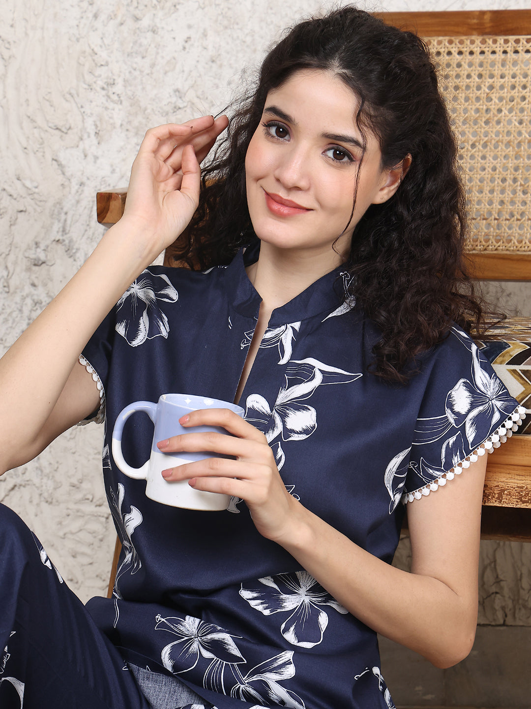 Navy Cotton Floral Printed Night Suit for Women | Claura