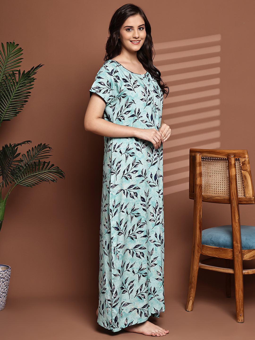 Blue Colour Abstract Printed Viscose Rayon Nighty For Women
