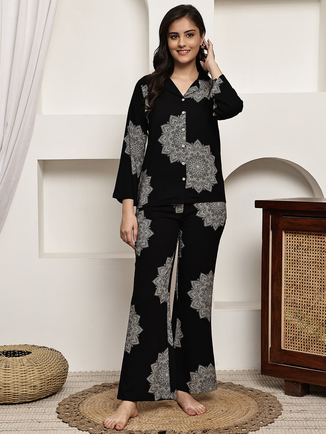 Woman wearing Black Abstract Print Night Suit
