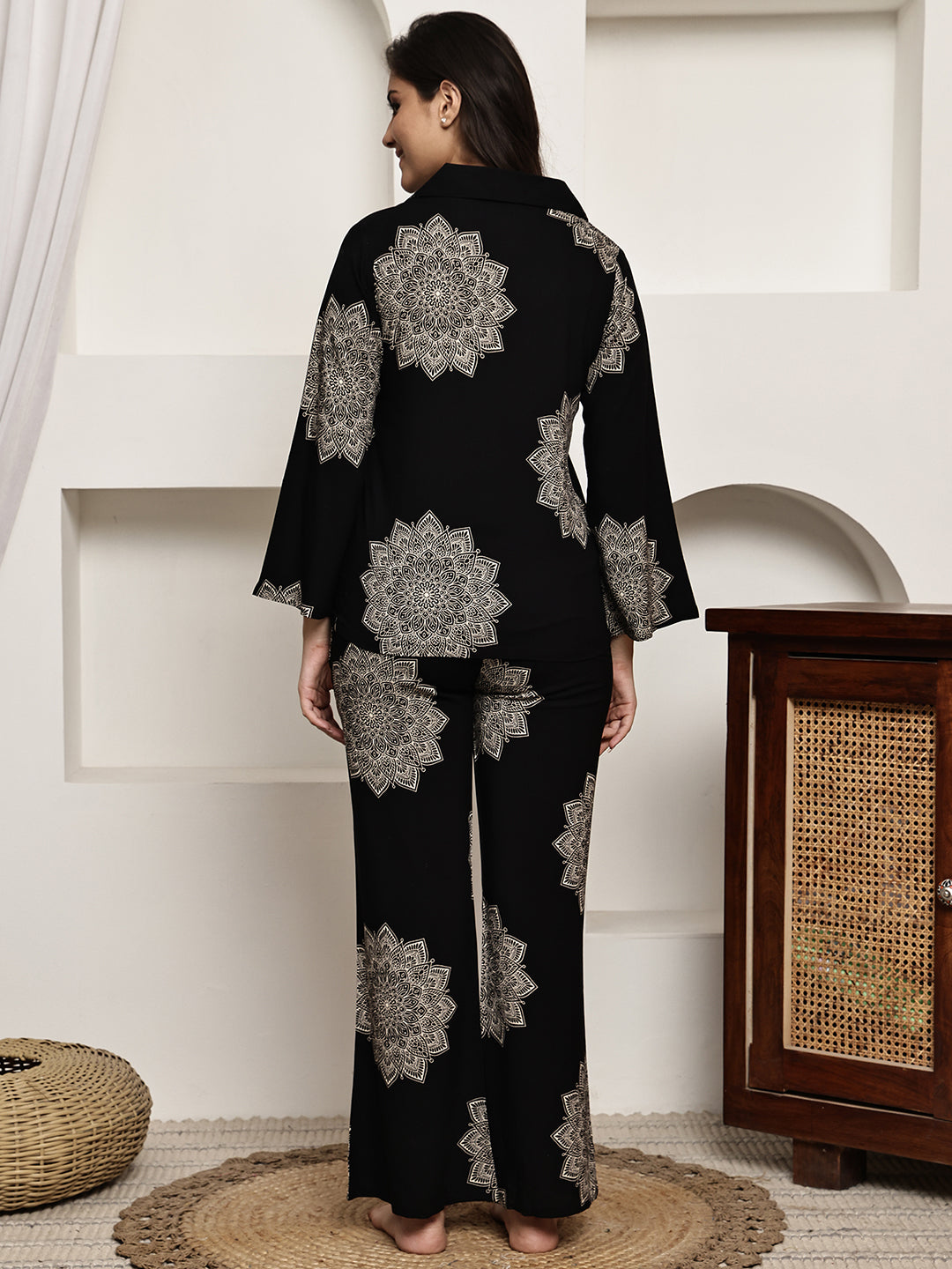 Back view of model in Black Printed Viscose Night Suit