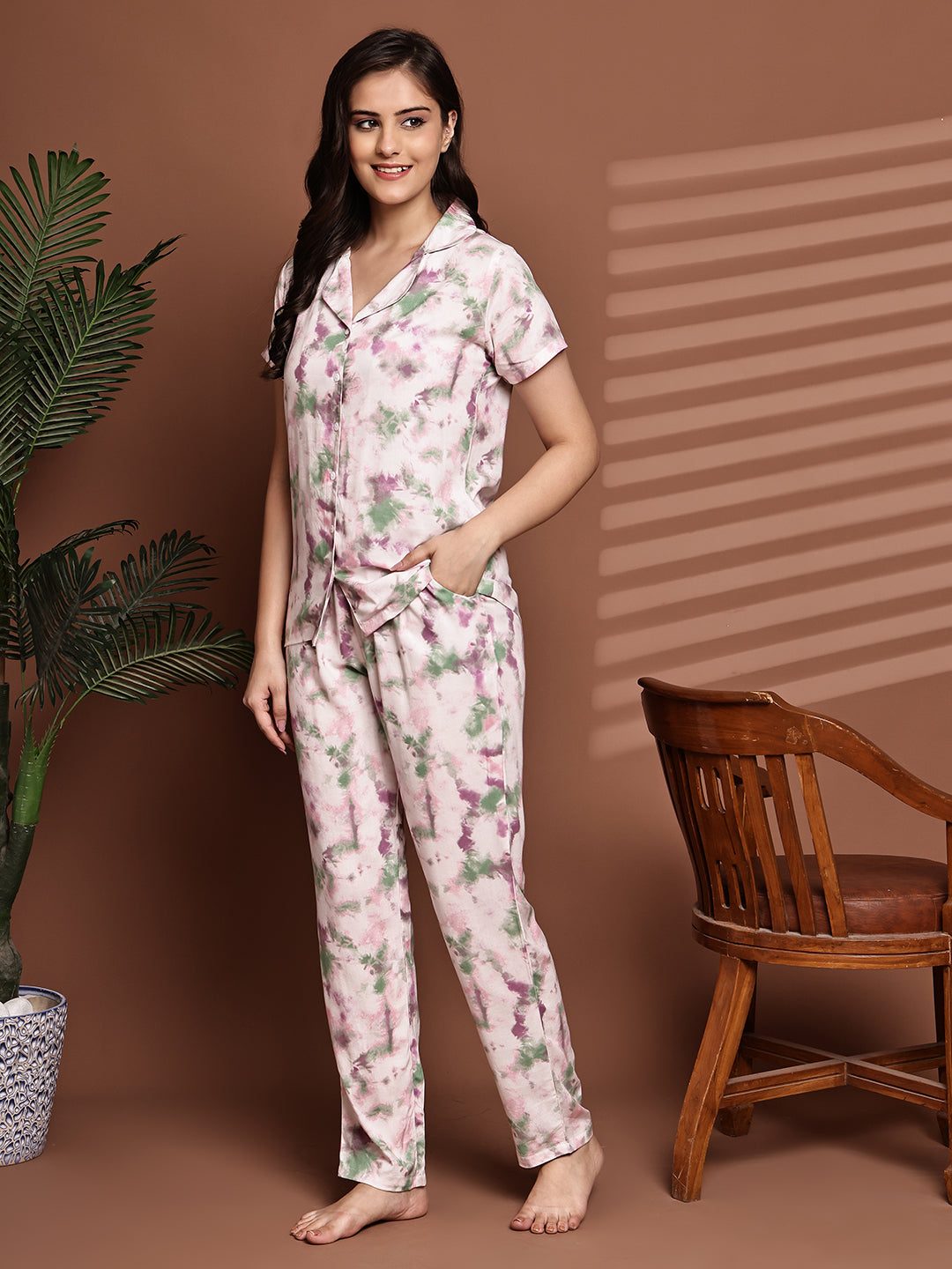 Back view of model in Pink Printed Night Suit