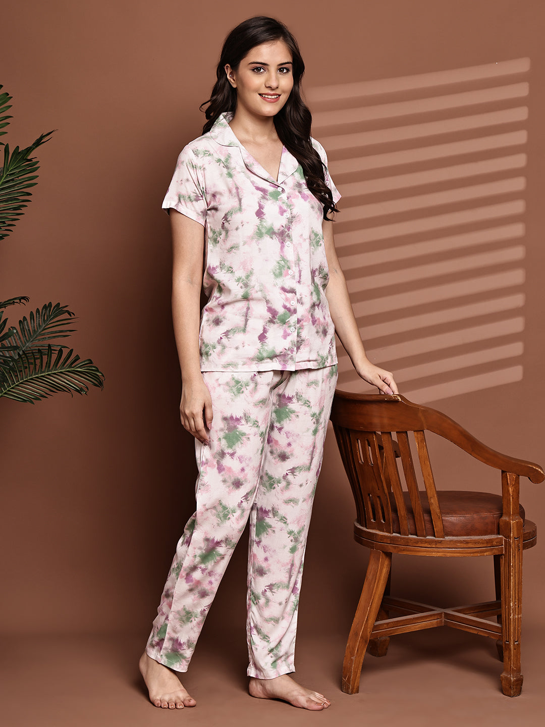 Pink Viscose Rayon Night Suit with Short Sleeves and Pyjamas