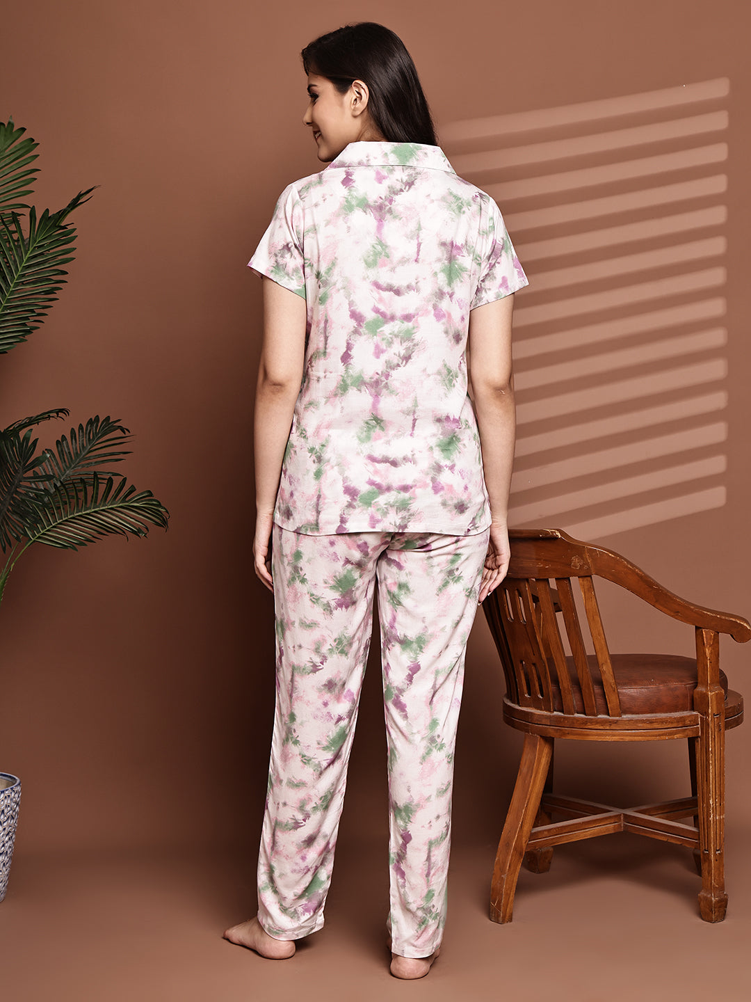 Back view of model in Pink Printed Night Suit