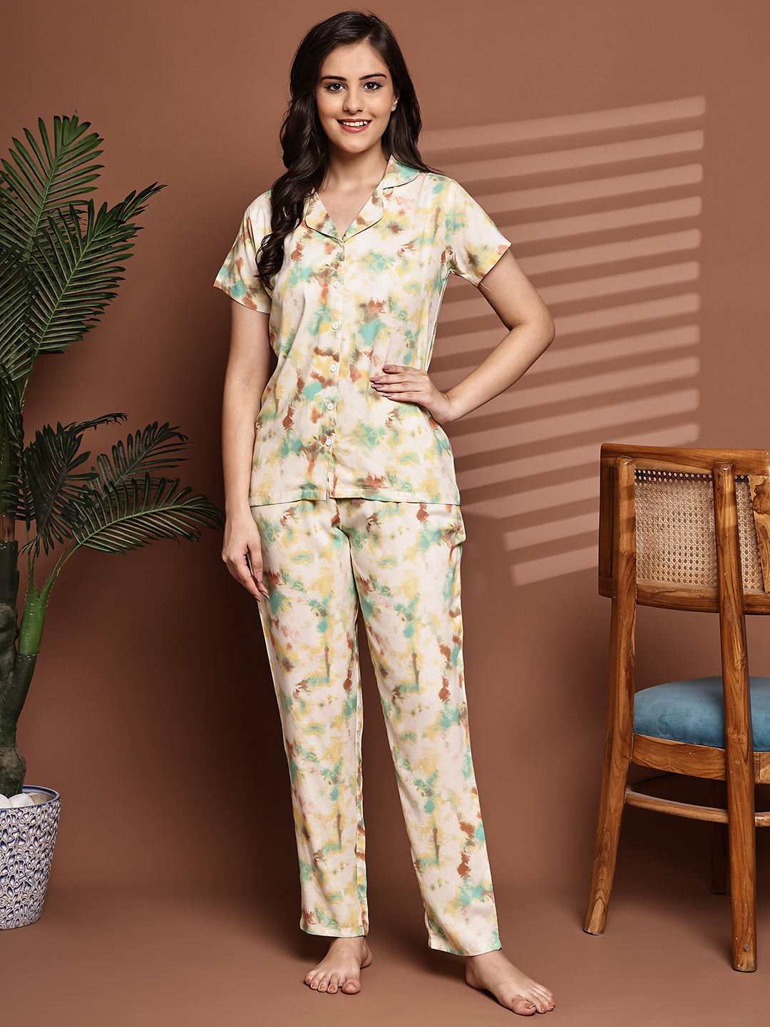 Woman wearing Yellow Graphic Print Night Suit