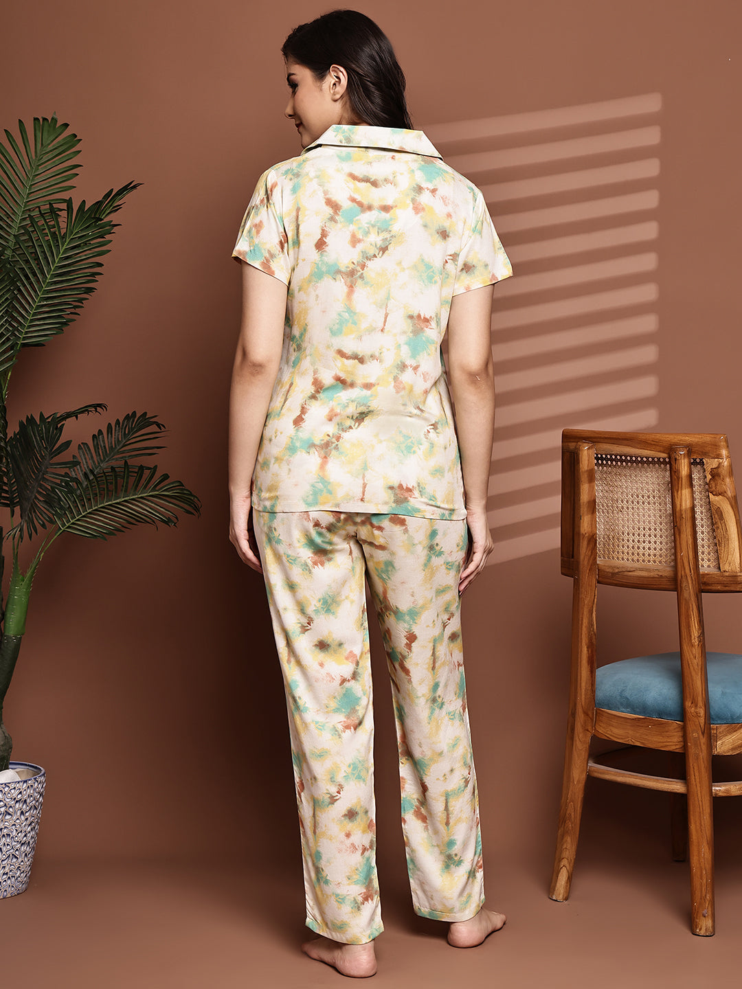 Back view of model in Yellow Printed Night Suit