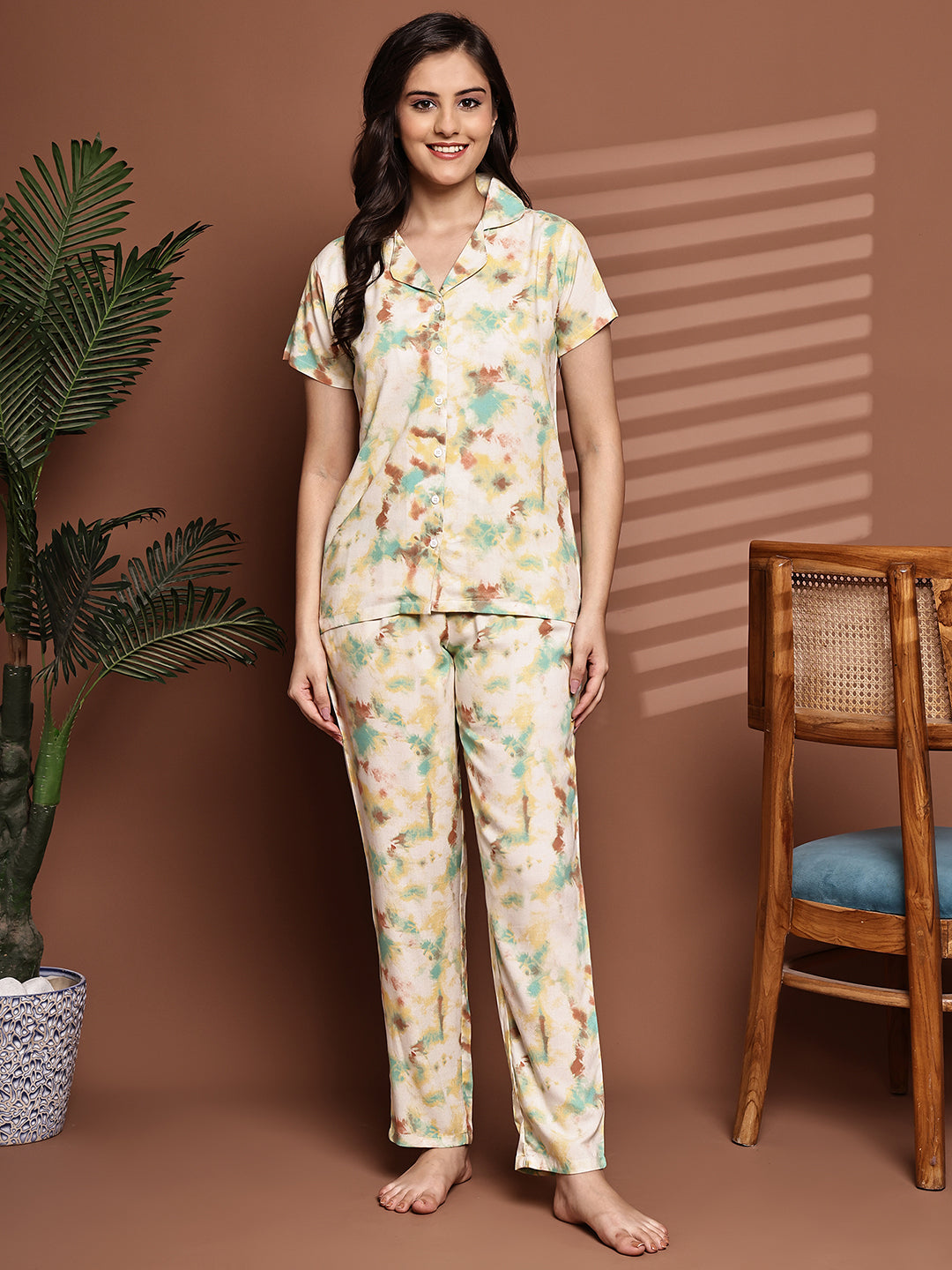 Woman wearing Yellow Graphic Print Night Suit
