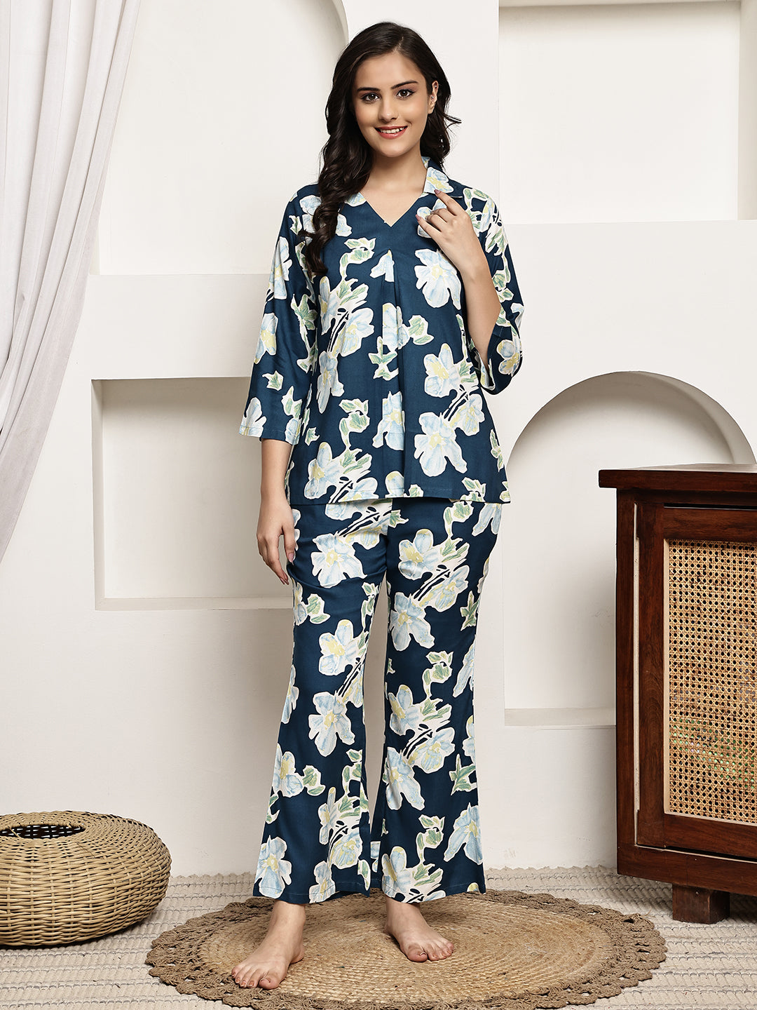 Woman wearing Blue Abstract Print Night Suit