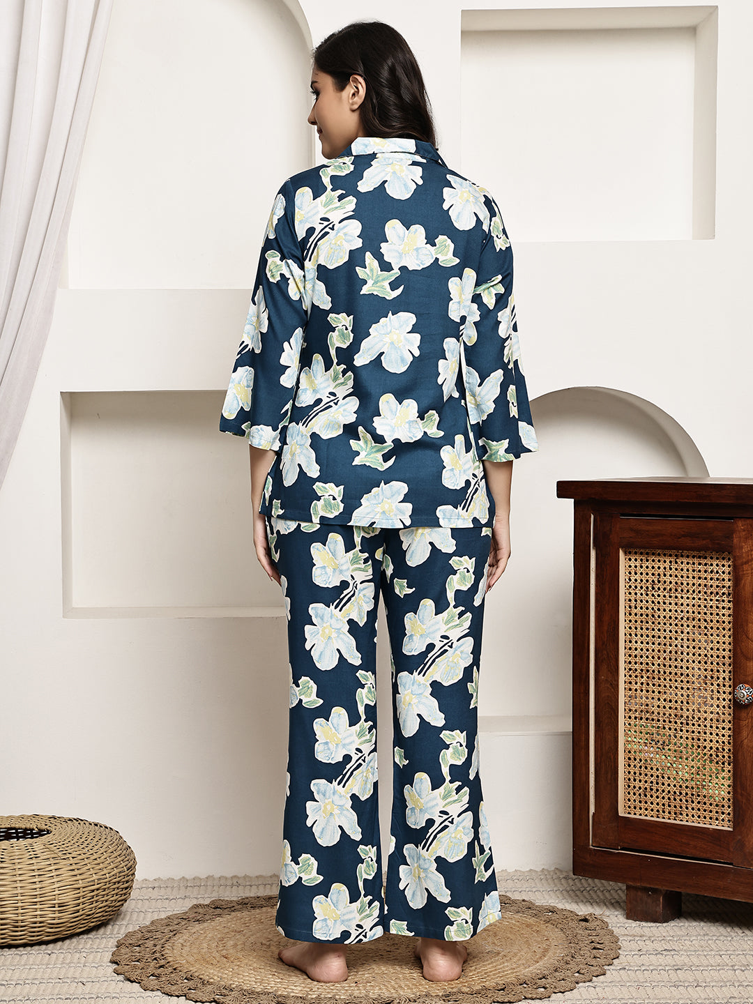 Back view of model in blue Printed Night Suit for Women
