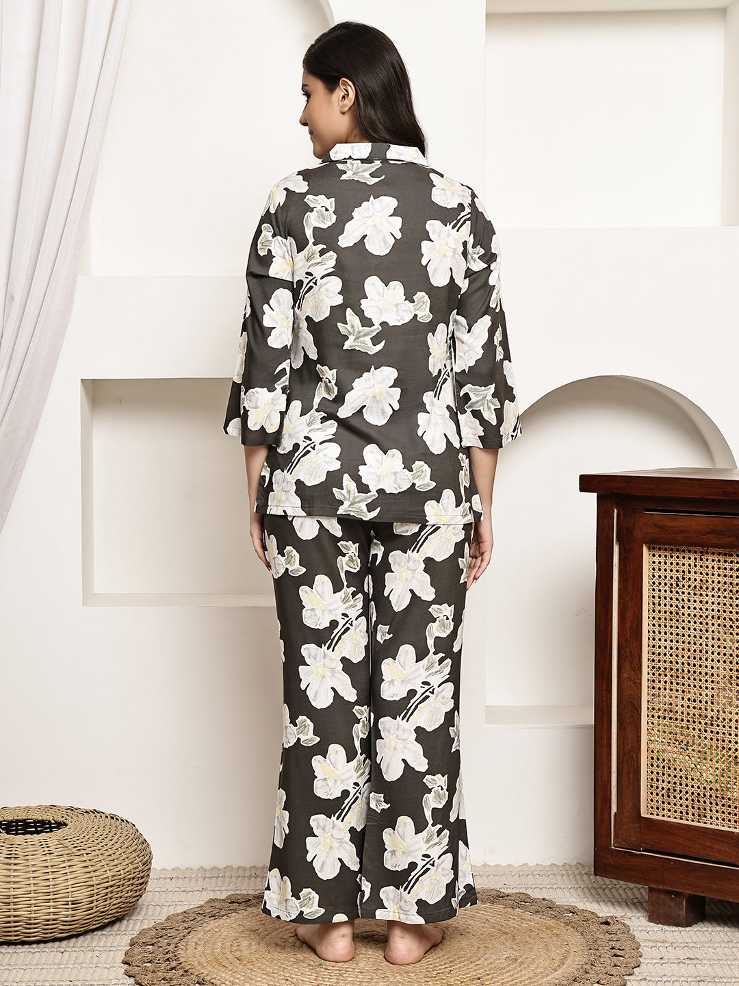 Back view of model in Brown Printed Night Suit