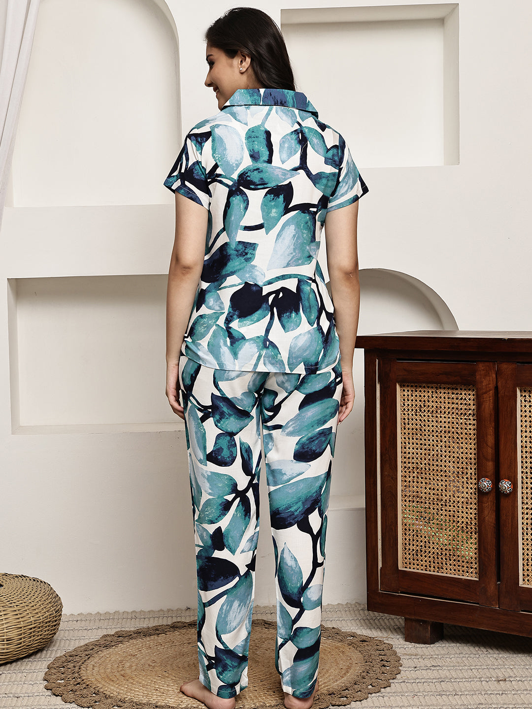 Back view of model in Blue Tropical Printed Night Suit for Women