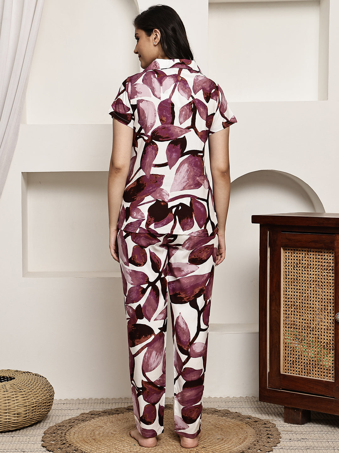Back view of model in Pink Printed Night Suit