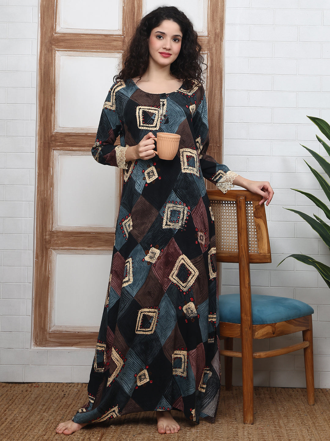 Black Printed Rayon Abstract Nighty | Claura