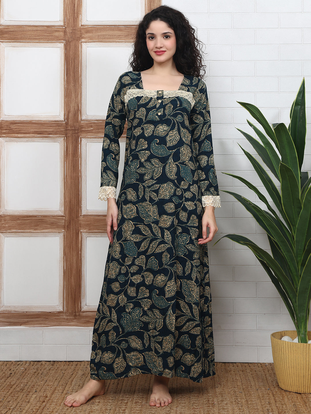 Navy Abstract Printed Viscose Rayon Nighty For Women | Claura