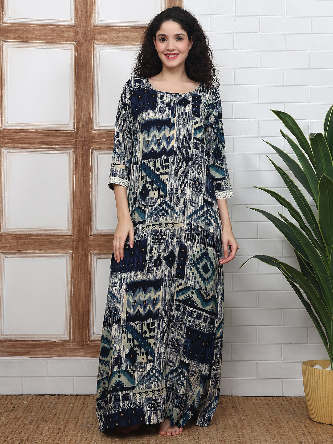 Navy Blue Abstract Printed Viscose Rayon Nighty For Women | Claura